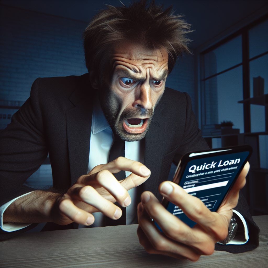 A stressed person applying for a quick loan on a smartphone at night.