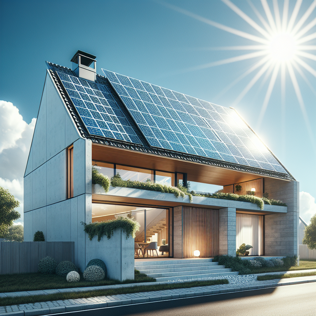 A modern Danish home equipped with solar panels under a sunny sky, symbolizing sustainable living and innovation.