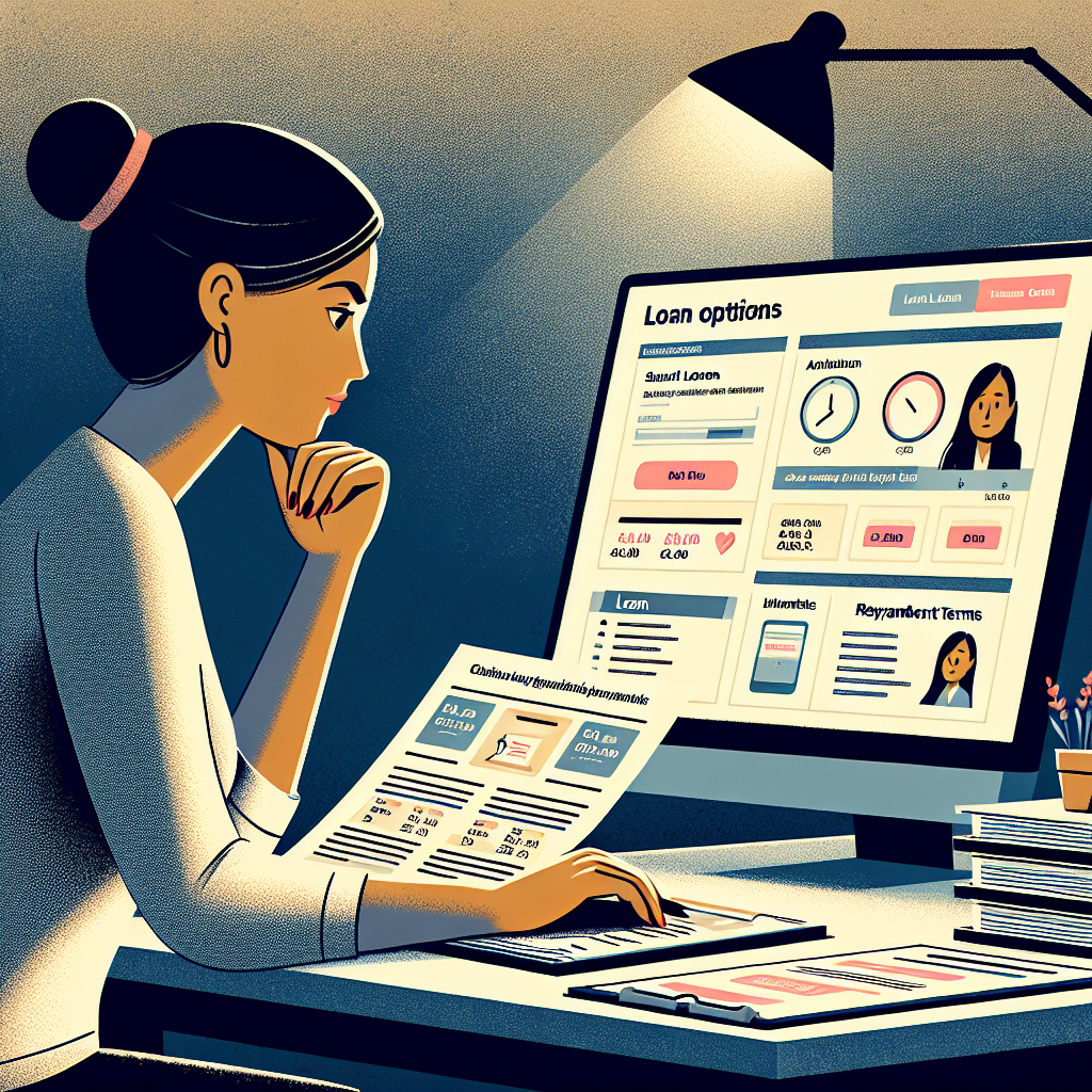 An illustration of a person reviewing financial documents at a desk with a computer, while researching instant loan options on a modern website.