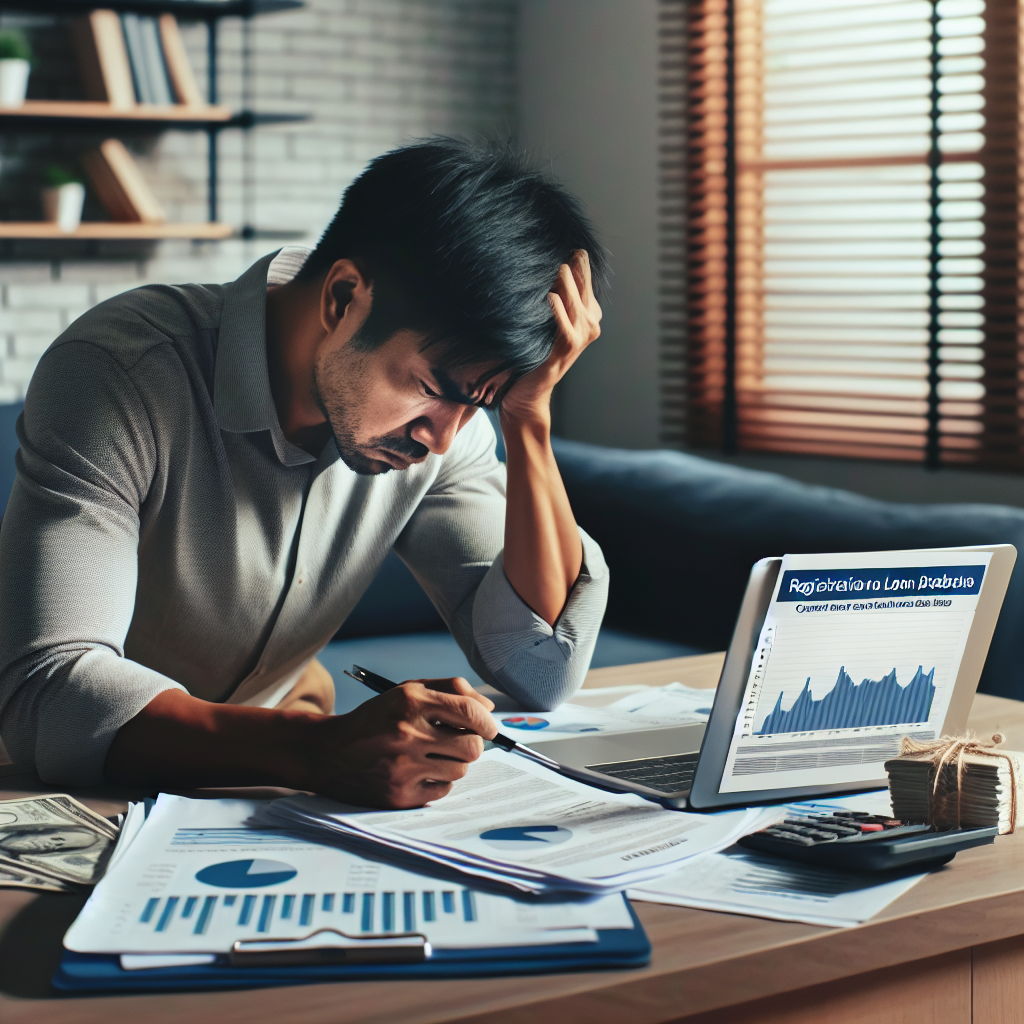 A worried person reviewing financial documents with a laptop open, depicting the struggle of finding loans while registered in RKI.