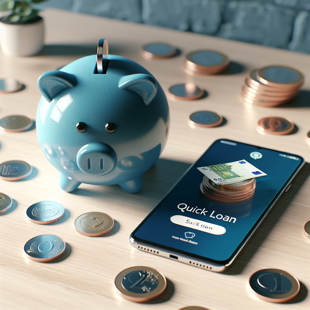 En moderne dansk sparegris på et skrivebord fyldt med mønter og en mobiltelefon, der viser en finansiel app for kviklån.